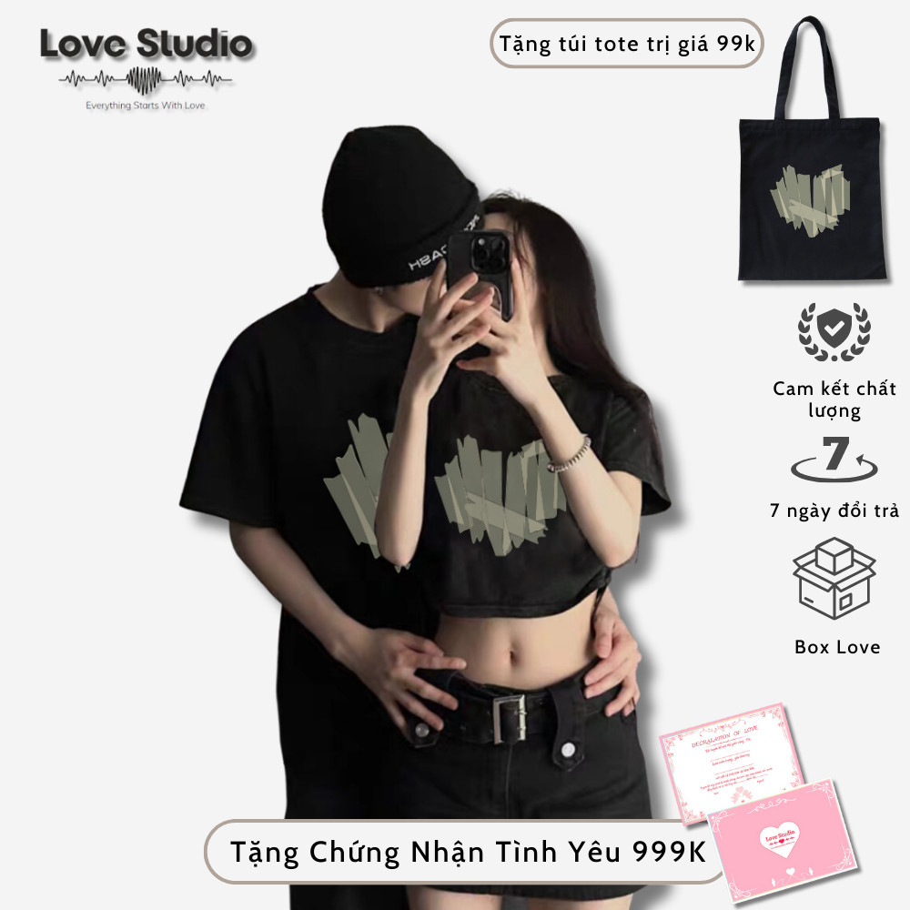 Set Đồ Đôi nam nữ với người yêu mùa hè thun phông tay lỡ kèm croptop dây rút eo và túi tote tim Xanh 