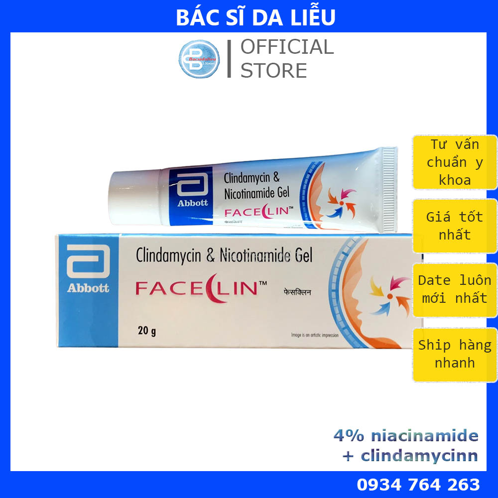 Faceclin Gel (20g) 4 niacinamide & clinda kem chấm mụn Abbott, mờ thâm, giảm mụn viêm sưng