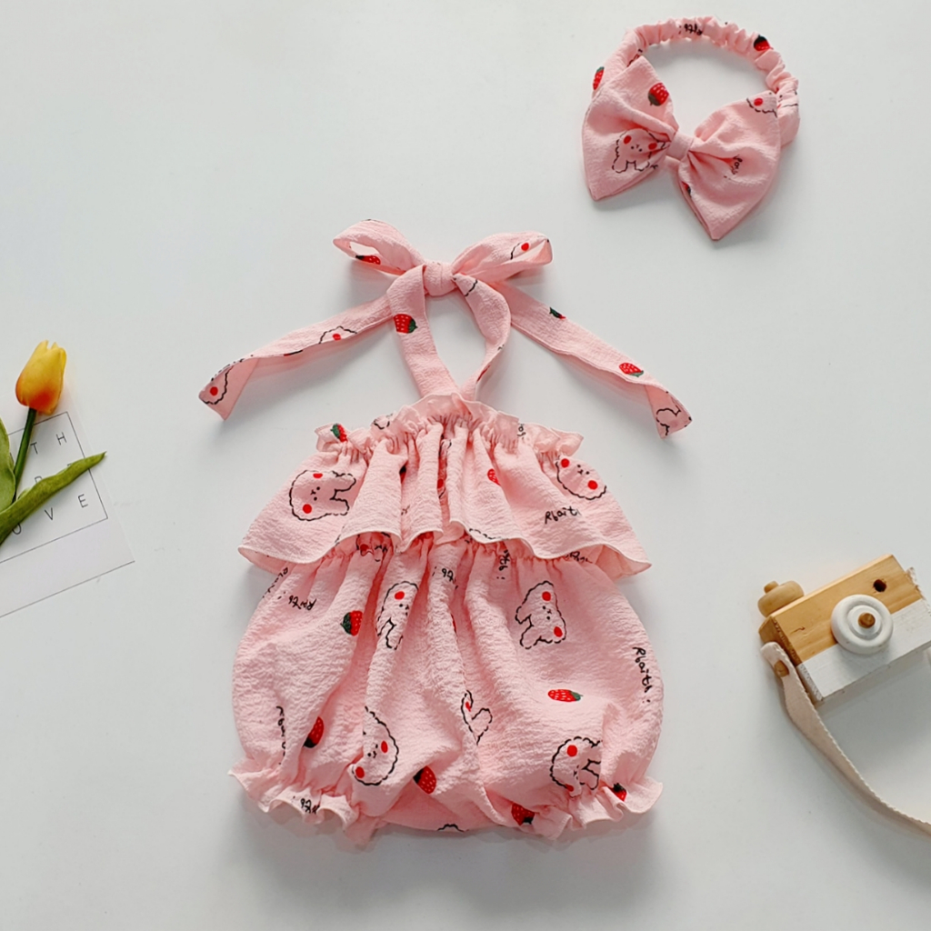 Set bodysuit cột dây cổ yếm bé gái sơ sinh MINTSCLOSET Mints Closet bộ đồ liền thân hồng thỏ 1 2 tuổi - BS6121