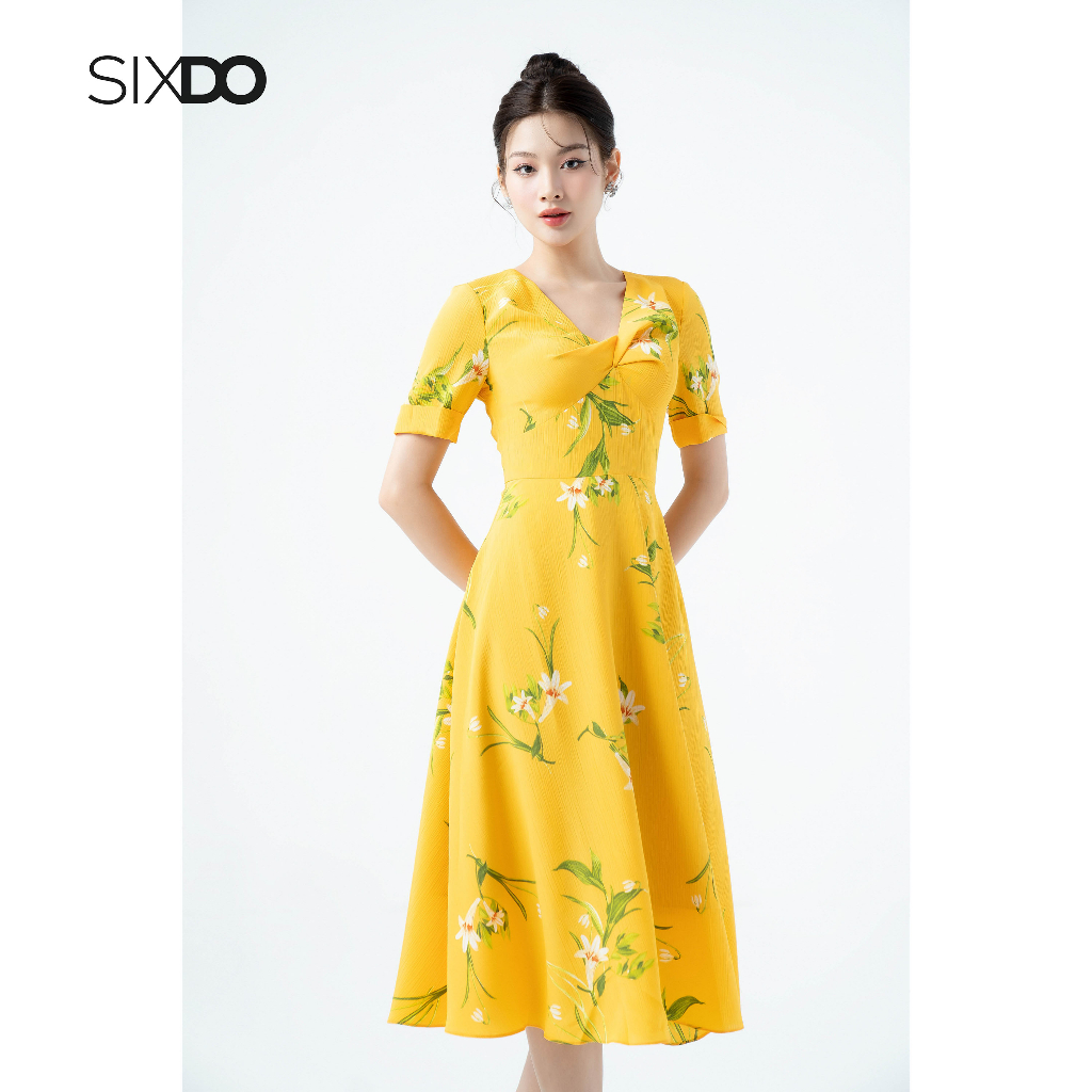 Đầm midi voan hòa vàng dáng xòe cổ V tạo kiểu thời trang SIXDO Yellow Lily Midi Dress