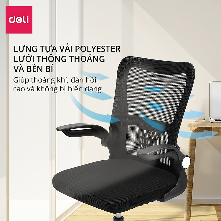 Ghế Xoay Văn Phòng Ngồi Làm Việc Công Thái Học Deli Tay Gập Thông Minh, Có Ngả Lưng, Lưới Thoáng Khí, Chân Xoay Tiện Ích