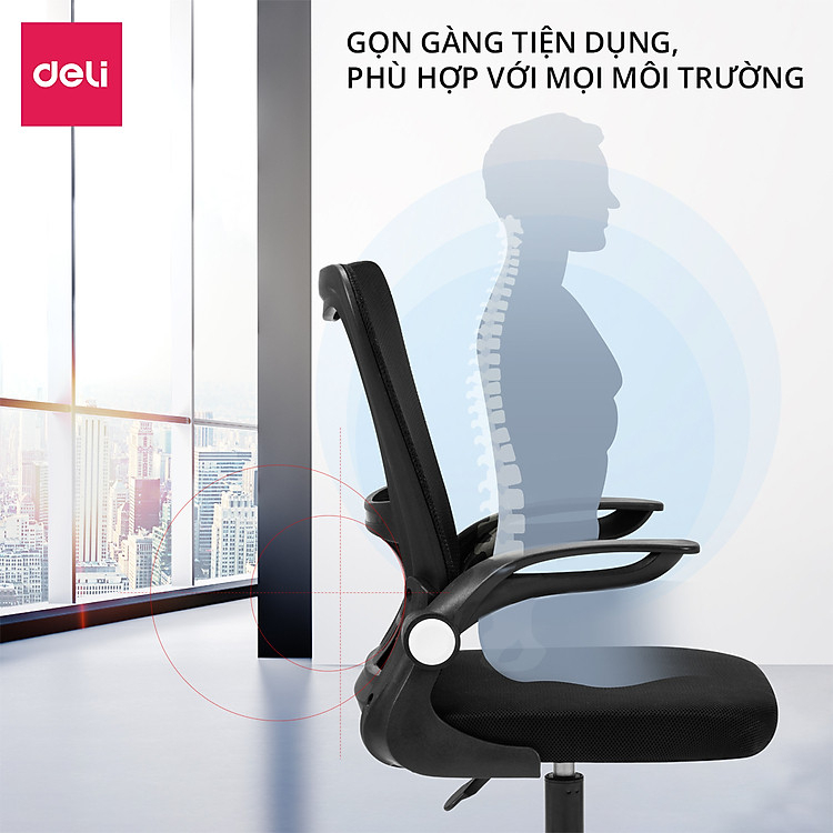 Ghế Xoay Văn Phòng Ngồi Làm Việc Công Thái Học Deli Tay Gập Thông Minh, Có Ngả Lưng, Lưới Thoáng Khí, Chân Xoay Tiện Ích