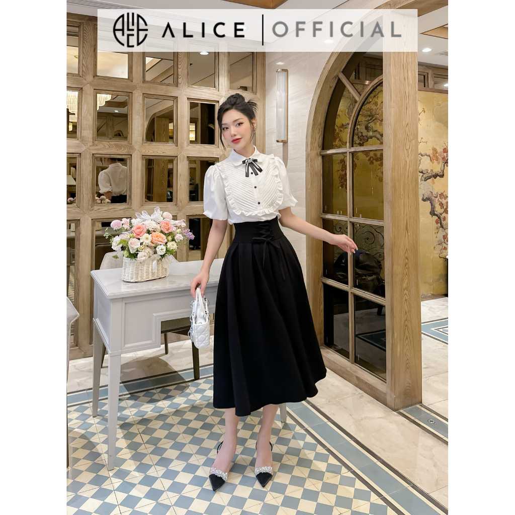 Ảnh Set Áo Sơ Mi Chân Váy Dài ALICE Đồ Công Sở Tay Phồng Xếp Ly Ngực Kèm Chân Váy Cạp Cao Xòe S296 2
