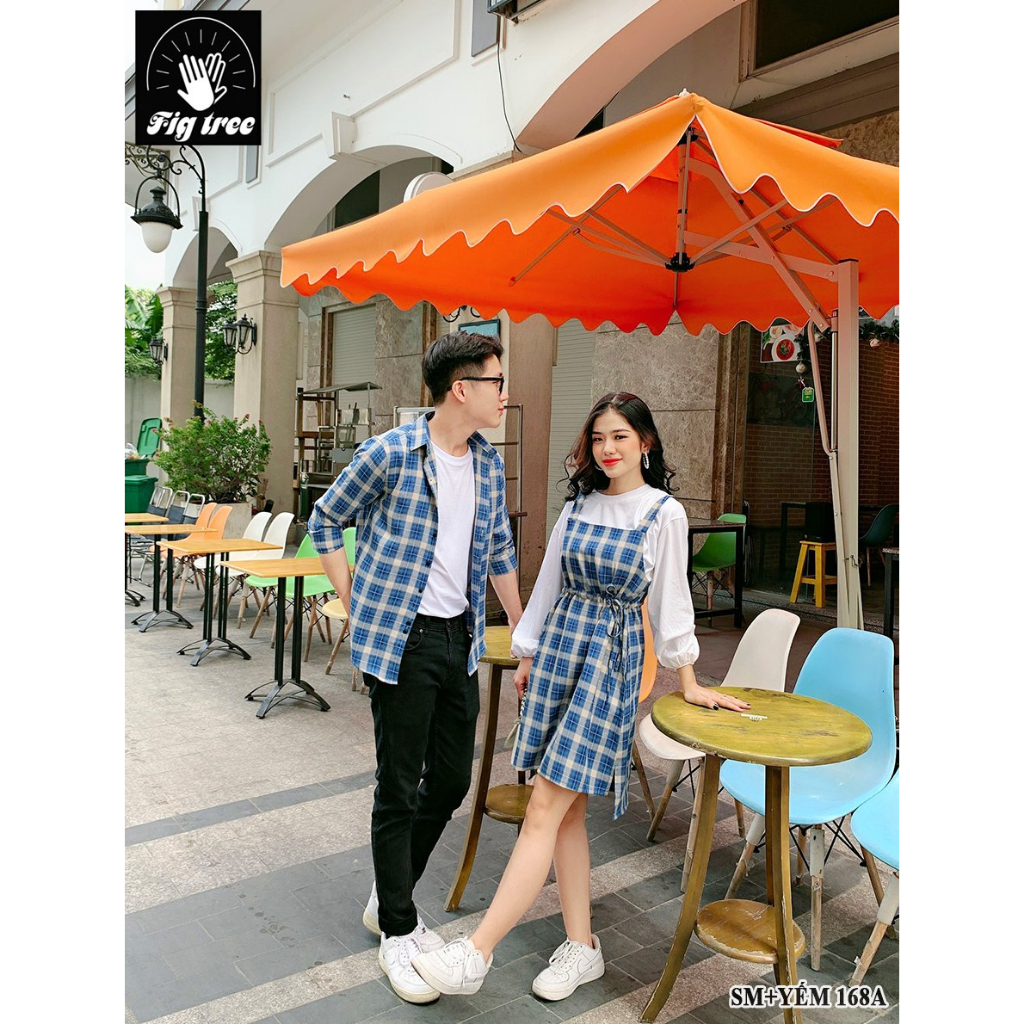 Set Sơ Mi Váy Đôi Fig Tree Sọc Caro Xanh, Sơ Mi Nam, Set Yếm Nữ Kèm Thun ( Mã Số 168A)