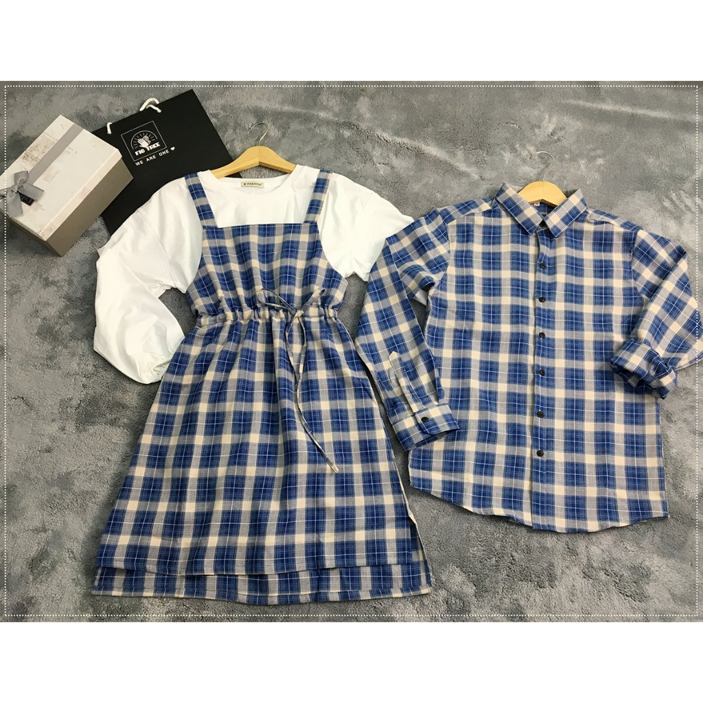 Set Sơ Mi Váy Đôi Fig Tree Sọc Caro Xanh, Sơ Mi Nam, Set Yếm Nữ Kèm Thun ( Mã Số 168A)