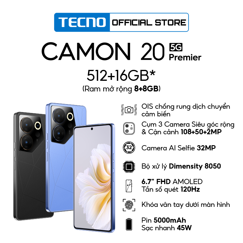 Điện thoại Tecno CAMON 20 Premier 5G - 8GB/512GB | Dimensity 8050| Cụm Camera 108+50+ 2MP | AMOLED - Tần số quét 120Hz