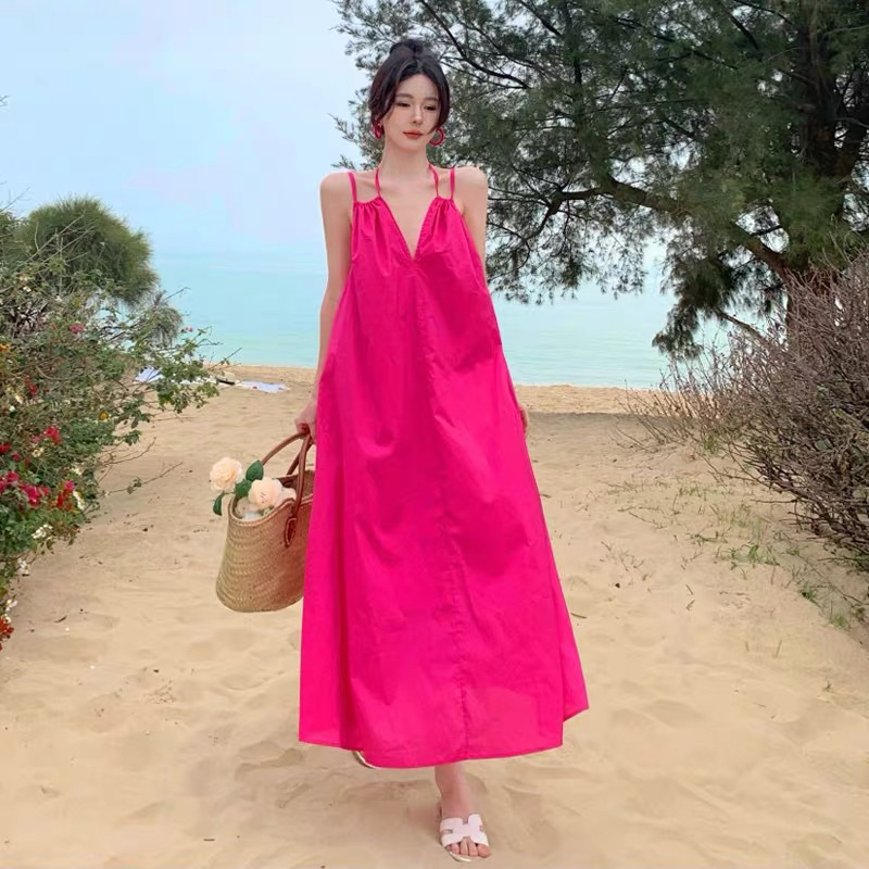 Đầm Maxi Đi Biển Thời Trang Nữ Du Lịch Màu Hồng
