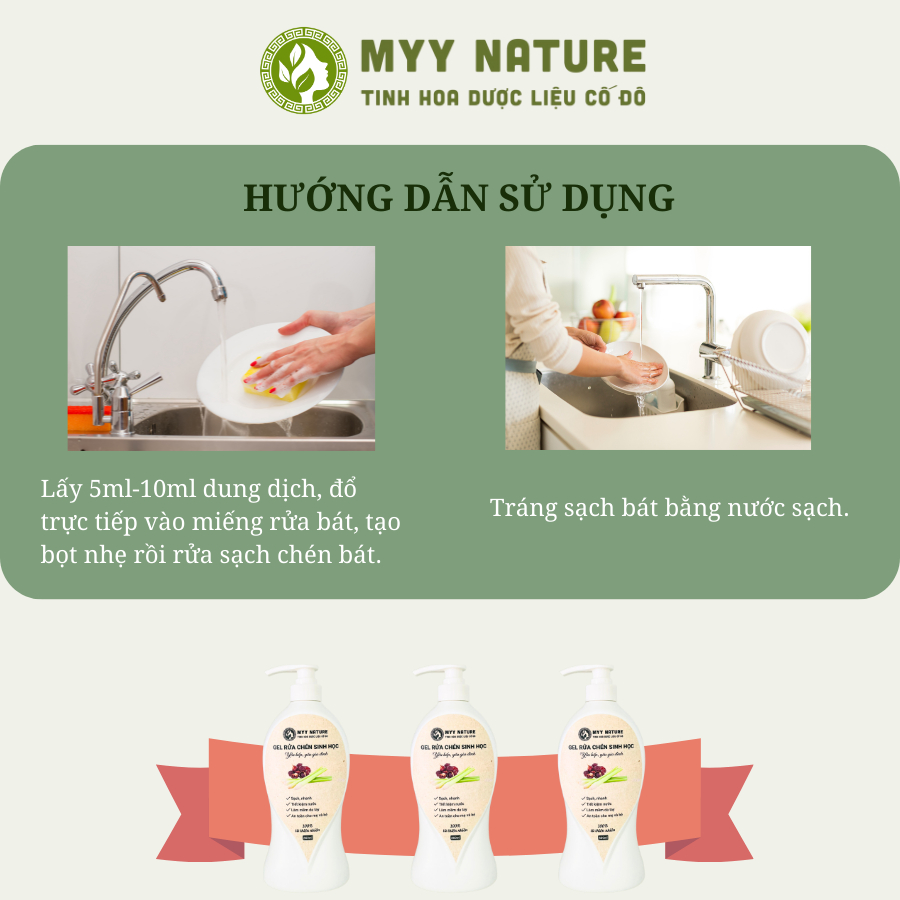 Gel Rửa Chén Sinh Học Myy Nature chai 500ml - Đánh Tan Mọi Vết Bẩn Ở Chén, Bát, Kháng Khuẩn, Khử Mùi