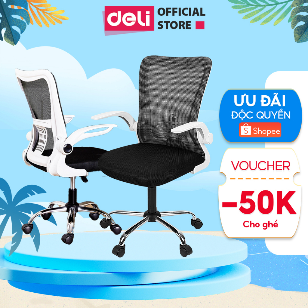 Ghế Xoay Văn Phòng Ngồi Làm Việc Công Thái Học Deli Tay Gập Thông Minh, Có Ngả Lưng, Lưới Thoáng Khí, Chân Xoay Tiện Ích