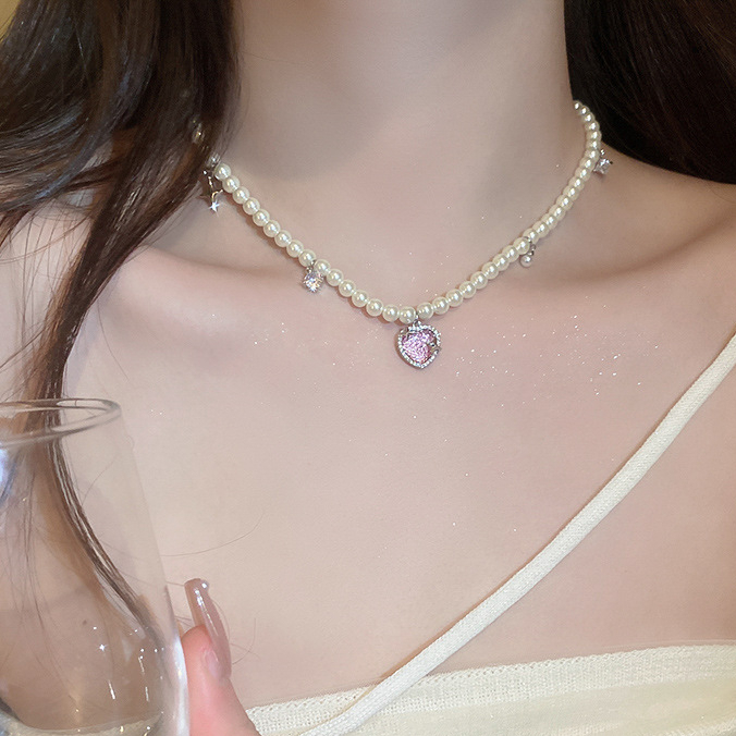 Dây chuyền hạt ngọc hình trái tim bằng đá zircon phối ngôi sao 4 cánh phong cách cá tính [Sparkle Heart]