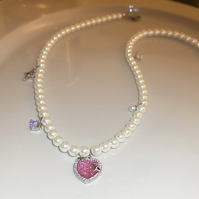 Dây chuyền hạt ngọc hình trái tim bằng đá zircon phối ngôi sao 4 cánh phong cách cá tính [Sparkle Heart]