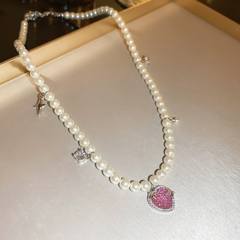 Dây chuyền hạt ngọc hình trái tim bằng đá zircon phối ngôi sao 4 cánh phong cách cá tính [Sparkle Heart]