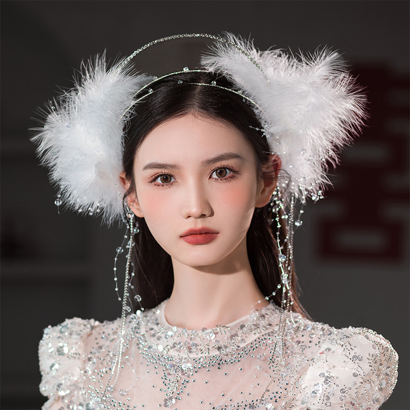 Phụ kiện cài tóc hình vương miện kèm hoa tai phối tua rua sang trọng, Phụ kiện cưới