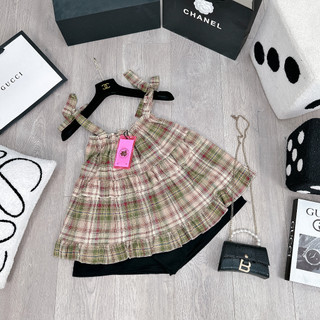 Set Bộ Đồ Nữ Áo 2 Dây Babydoll Kẻ Caro Xanh Chun Ngực Viền Bèo Mix Quần Sooc Chéo Hàn Đen Freesize