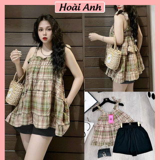 Set Bộ Đồ Nữ Áo 2 Dây Babydoll Kẻ Caro Xanh Chun Ngực Viền Bèo Mix Quần Sooc Chéo Hàn Đen Freesize