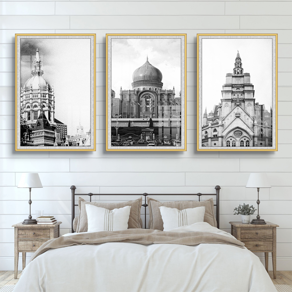 Bộ 3 tranh treo tường tráng gương chủ đề kiến trúc trang trí quán cà phê, quán ăn kèm đinh 3 chân treo tường đa năng