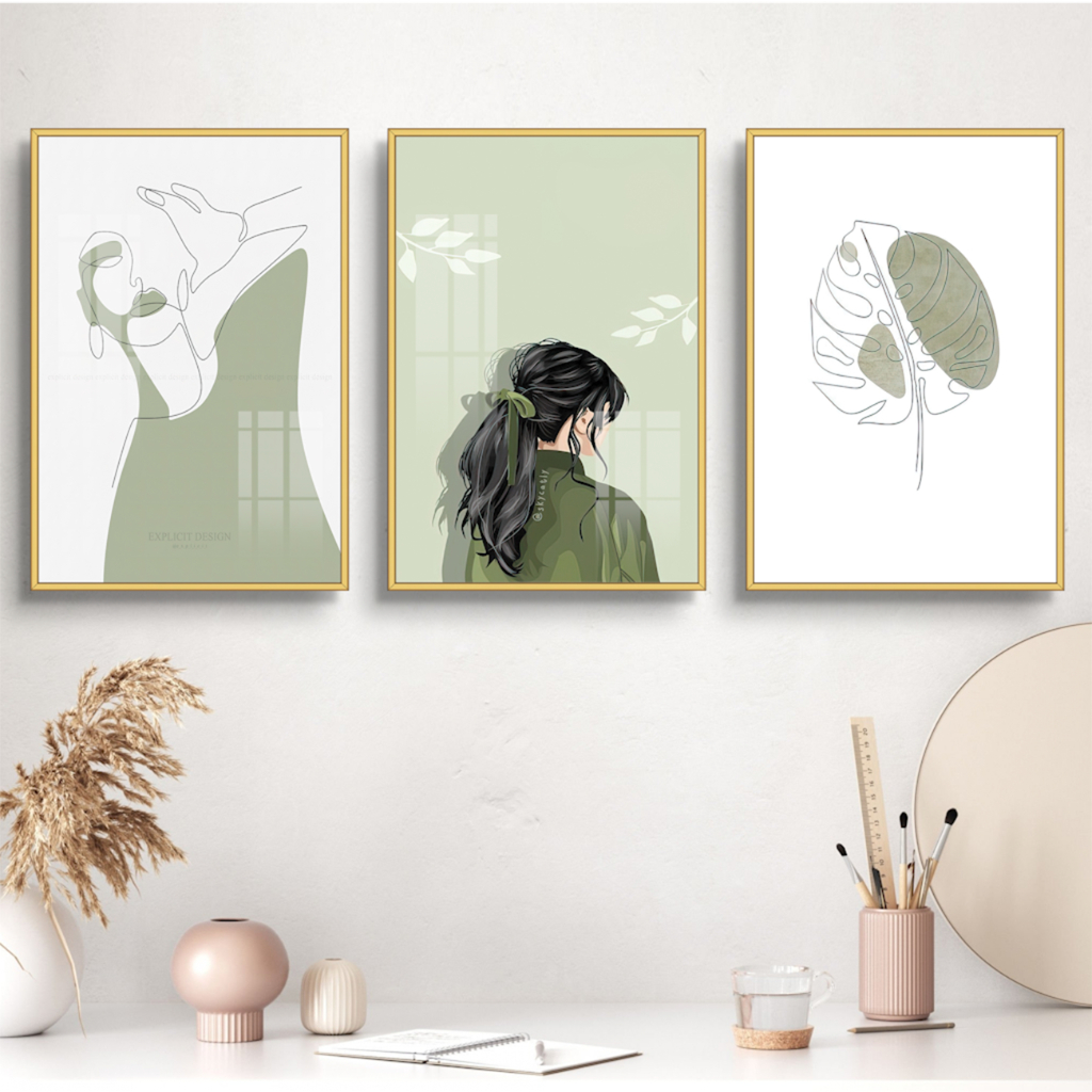 Bộ 3 tranh treo tường tráng gương phong cách Bắc Âu, tranh lá trang trí phòng khách, phòng ngủ, phòng ăn, spa....