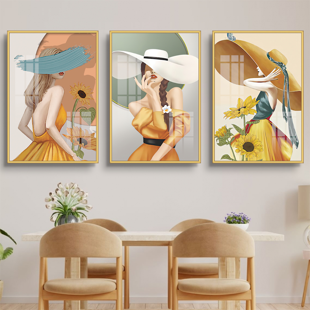 Bộ 3 tranh treo tường tráng gương phong cách Bắc Âu, tranh lá trang trí phòng khách, phòng ngủ, phòng ăn, spa....