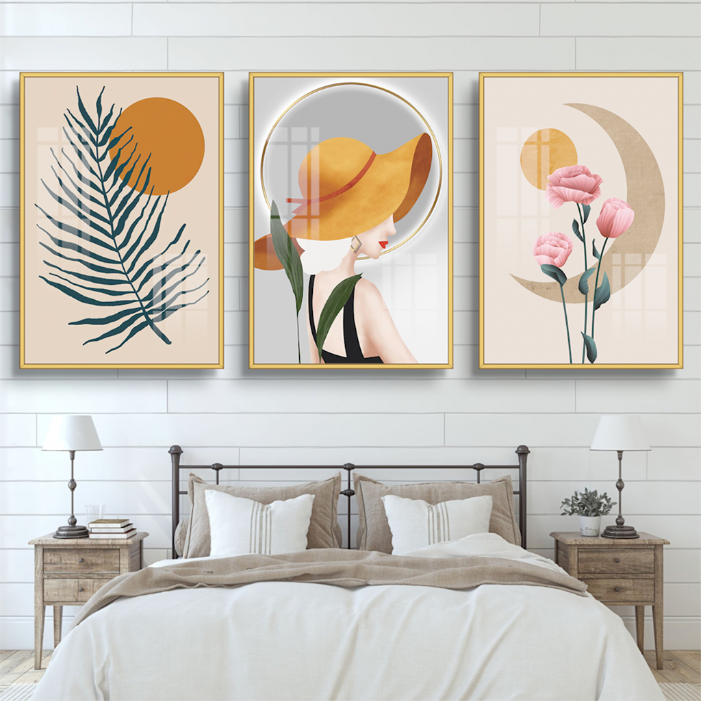 Bộ 3 tranh treo tường tráng gương phong cách Bắc Âu, tranh lá trang trí phòng khách, phòng ngủ, phòng ăn, spa....
