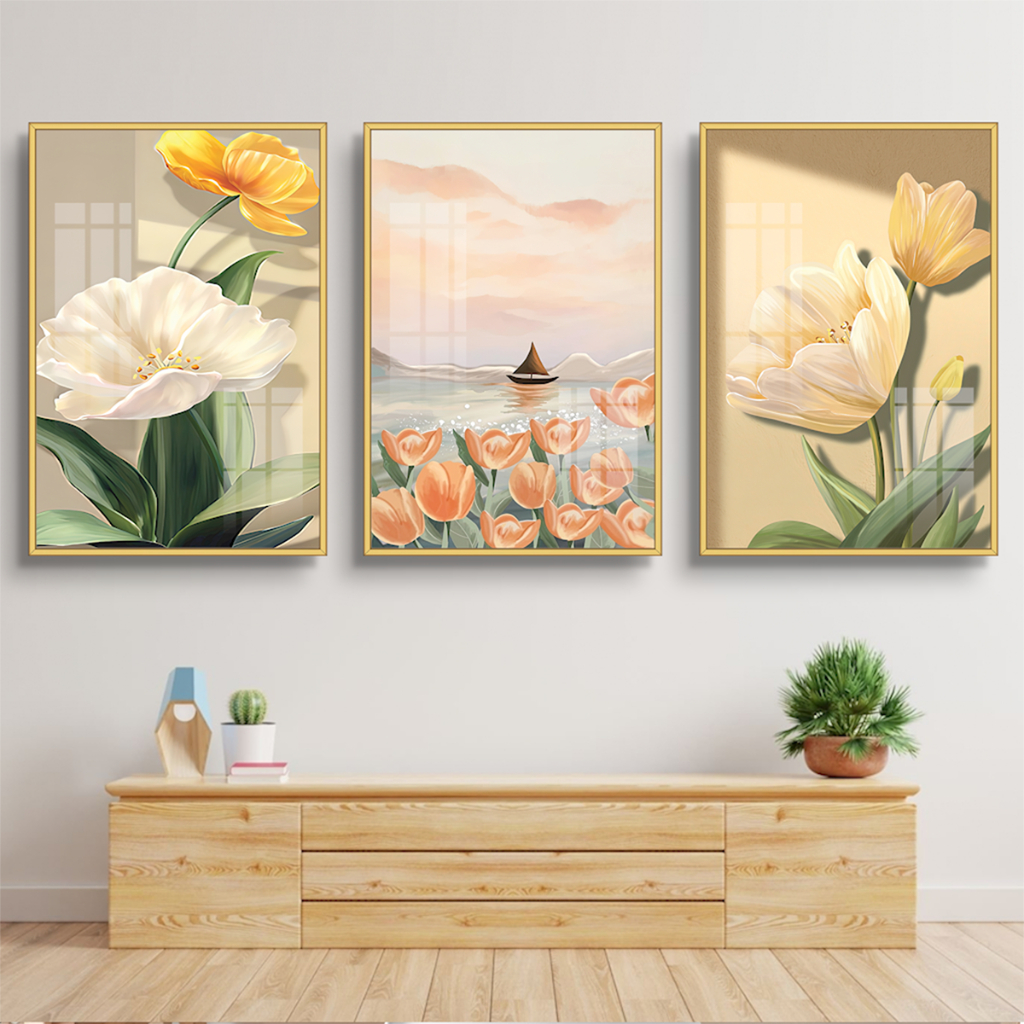 Tranh treo tường tráng gương bộ 3 tấm có KHUNG mẫu mã đa dạng trang trí Phòng khách, Spa, Phòng ăn, Phòng ngủ,...