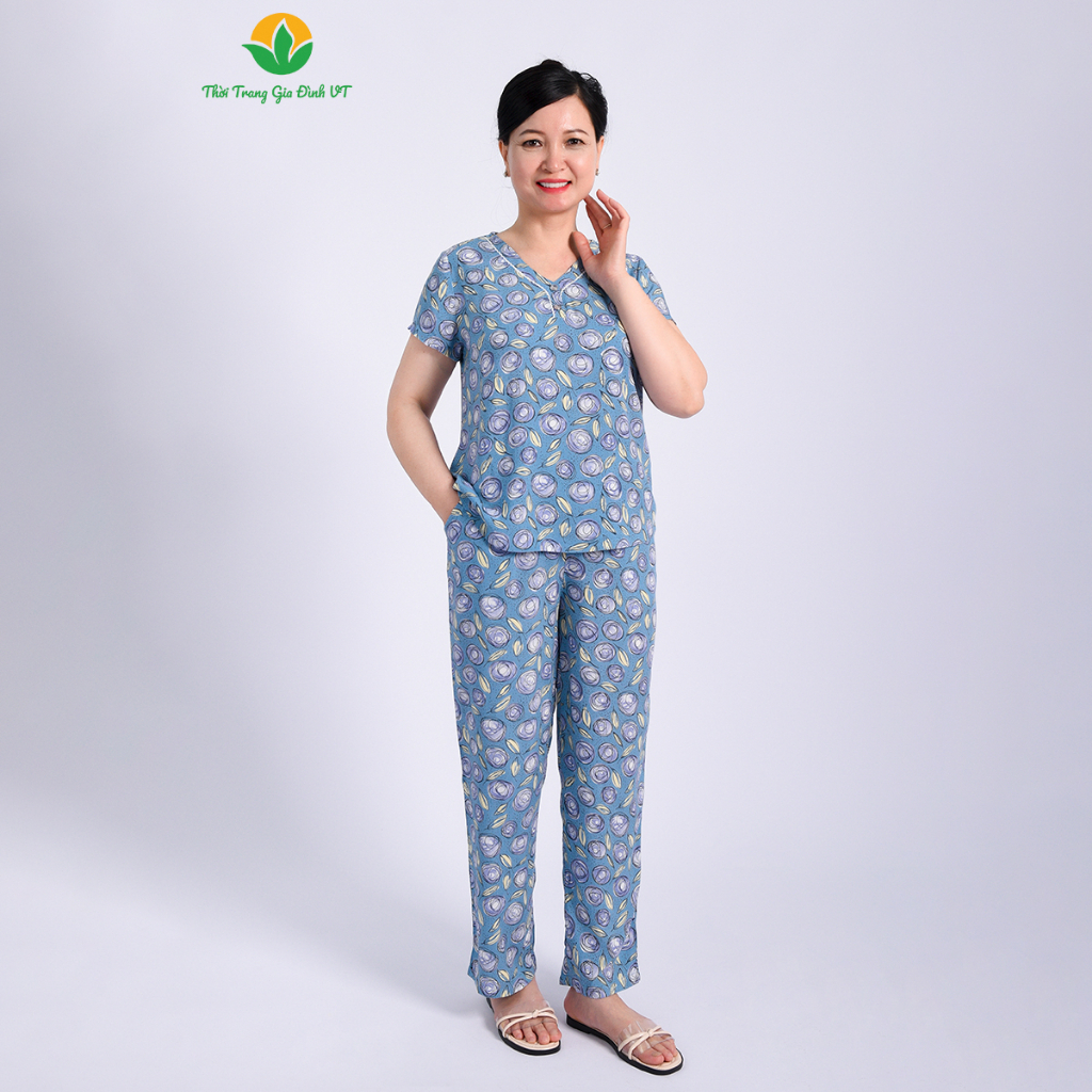 Bộ mặc nhà trung niên Việt Thắng, quần dài, áo cộc tay, chất lanh (tole) - B08.2305