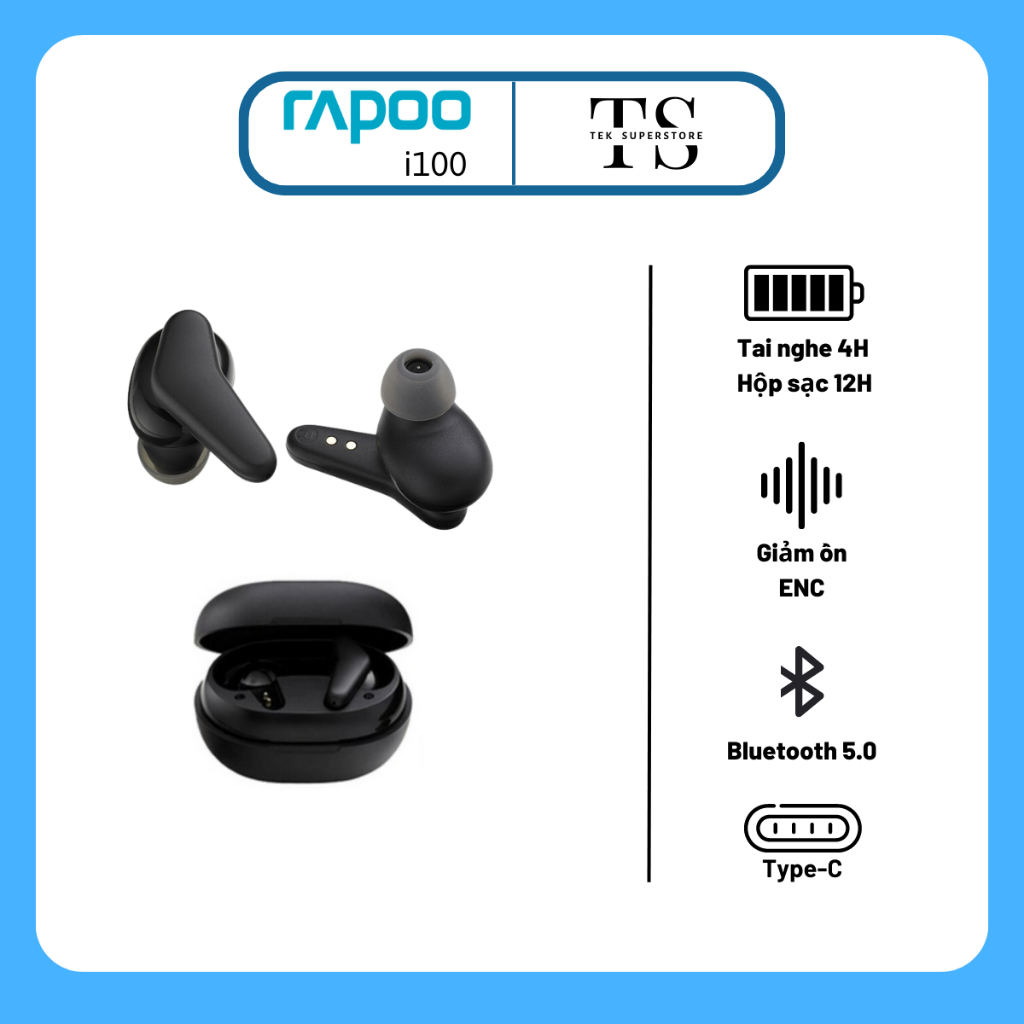 Tai nghe TWS RAPOO i100 Bluetooth 5.0, Thiết kế Công thái học, Driver ...