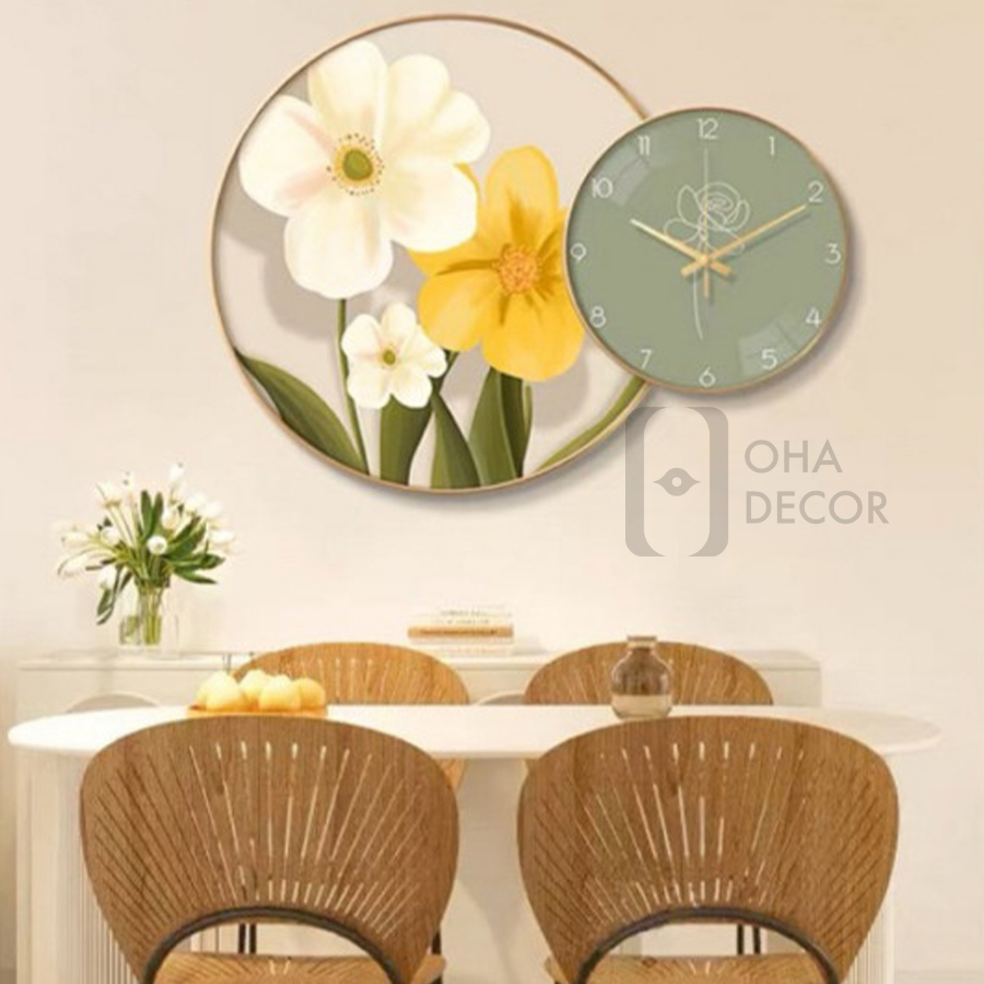 Tranh Đồng Hồ 3D Led Cắt Hoa Trang Trí Phòng Khách Quán Tiệm Shop OHA Decor