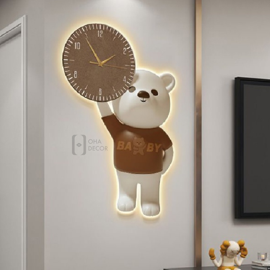 Tranh Đồng Hồ Treo Tường Tráng Gương Cao Cấp Trang Trí Nhà Cửa Hình Chú Gấu Đẹp Hiện Đại OHA Decor