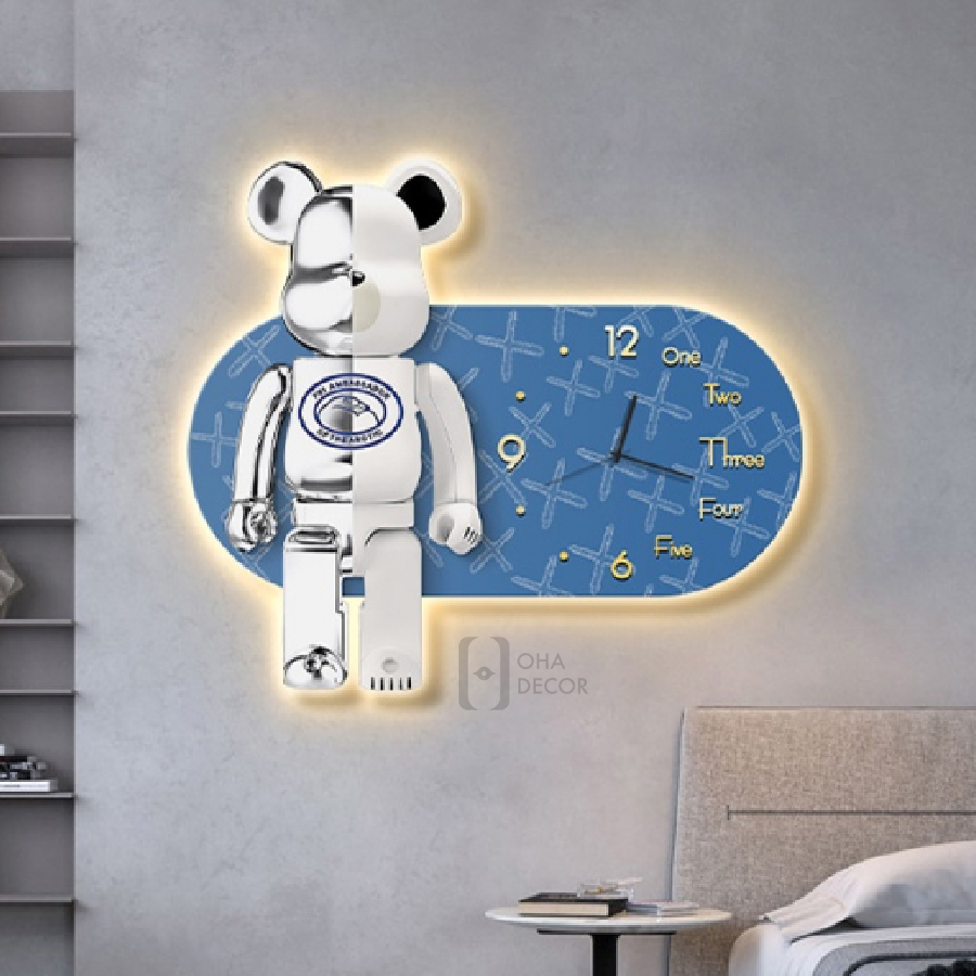 Tranh Đồng Hồ 3D LED Cắt Gấu Kaws BearBrick Trang Trí Phòng Khách, Phòng Ngủ OHA Decor