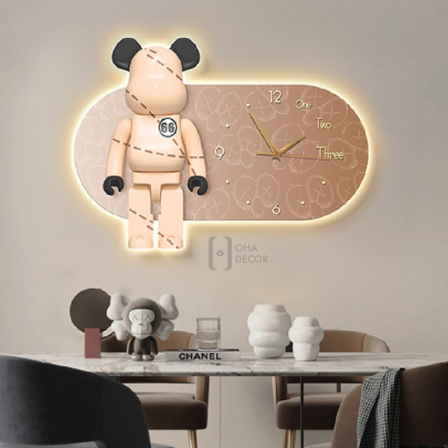 Tranh Đồng Hồ 3D LED Cắt Gấu Kaws BearBrick Trang Trí Phòng Khách, Phòng Ngủ OHA Decor