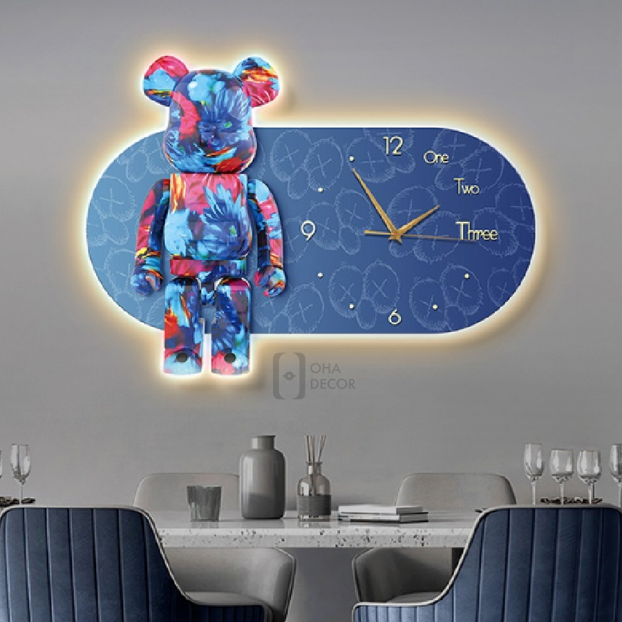 Tranh Đồng Hồ 3D LED Cắt Gấu Kaws BearBrick Trang Trí Phòng Khách, Phòng Ngủ OHA Decor
