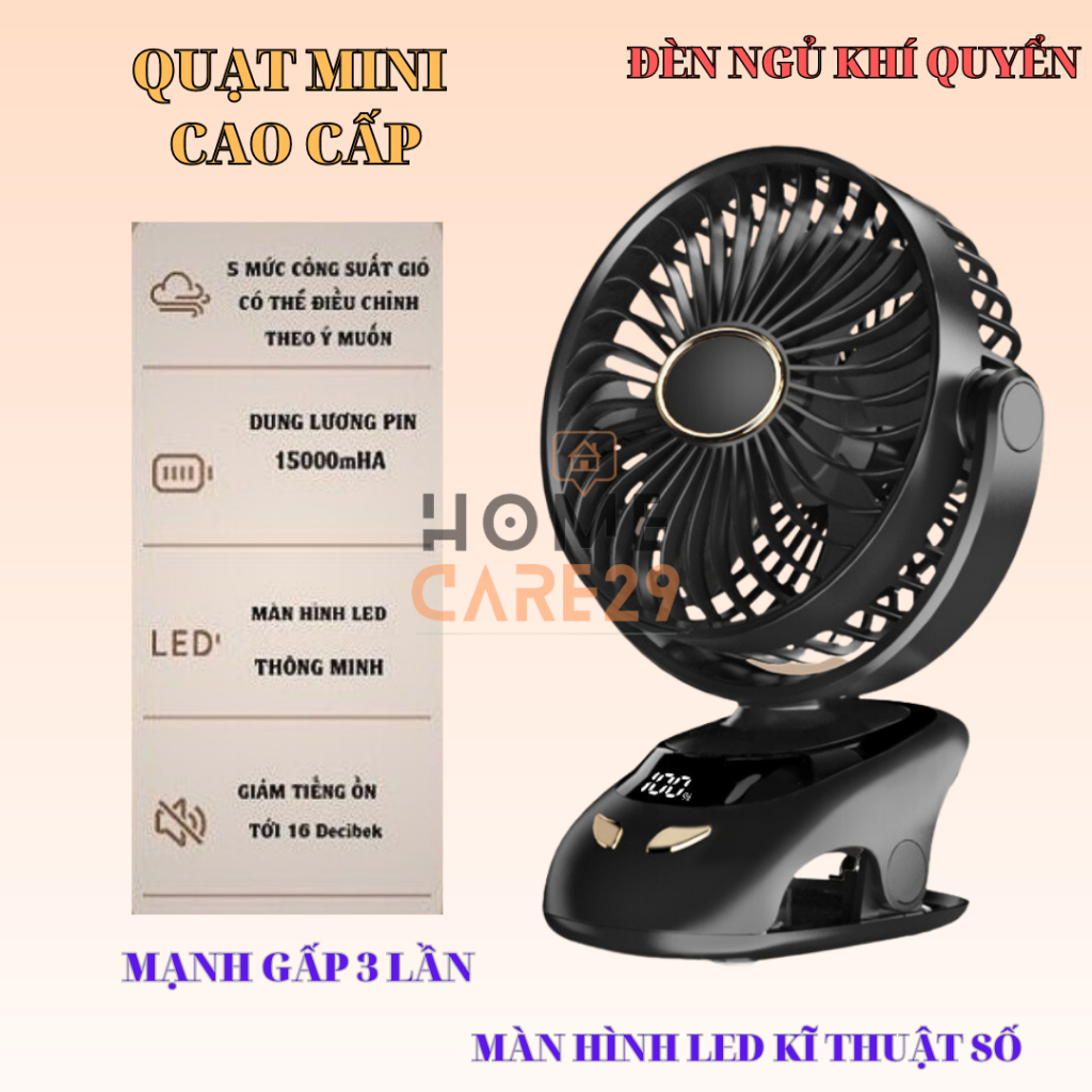 Quạt Tích Điện Để Bàn Tích Hợp Đèn Ngủ Cao Cấp, Quạt Kẹp Bàn Tích Điện Pin 15000Ah Có Màn Hình Hiển Thị Pin Mẫu 2025