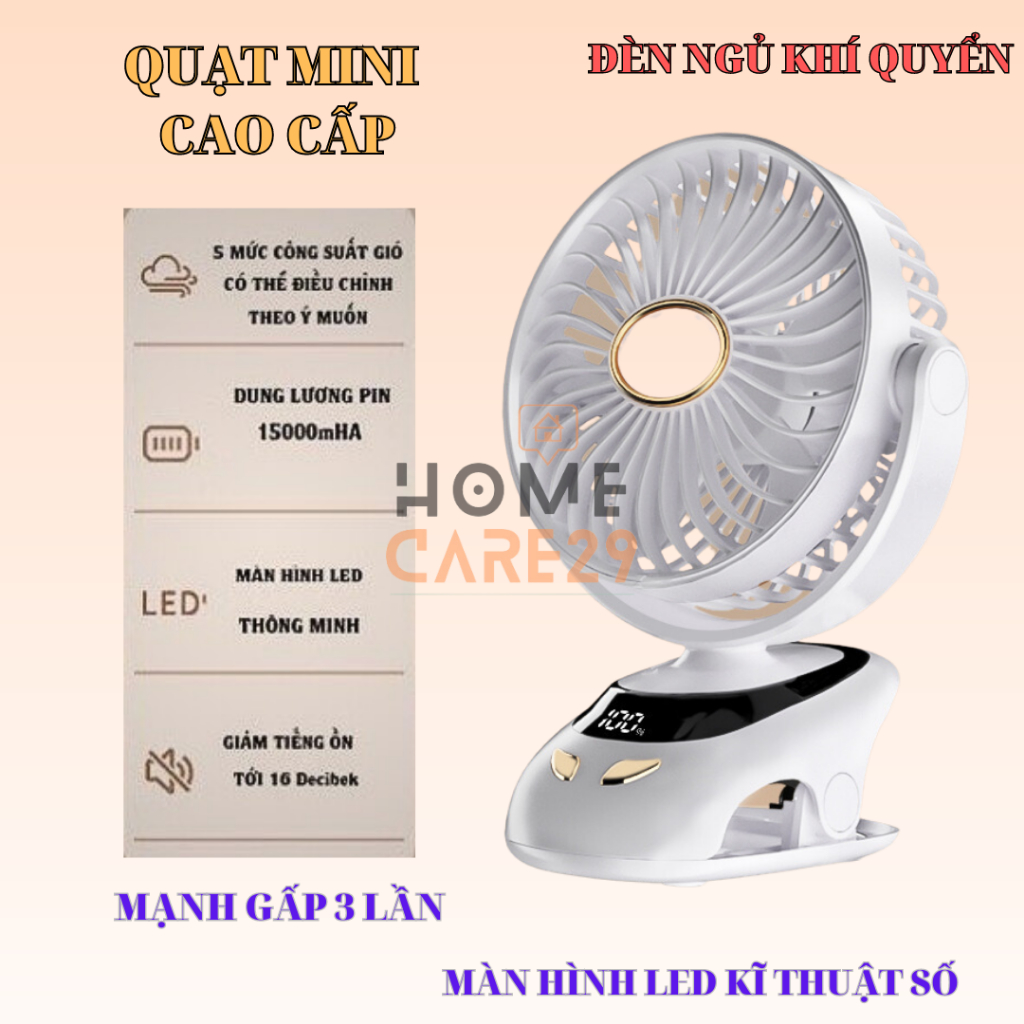 Quạt Tích Điện Để Bàn Tích Hợp Đèn Ngủ Cao Cấp, Quạt Kẹp Bàn Tích Điện Pin 15000Ah Có Màn Hình Hiển Thị Pin Mẫu 2025