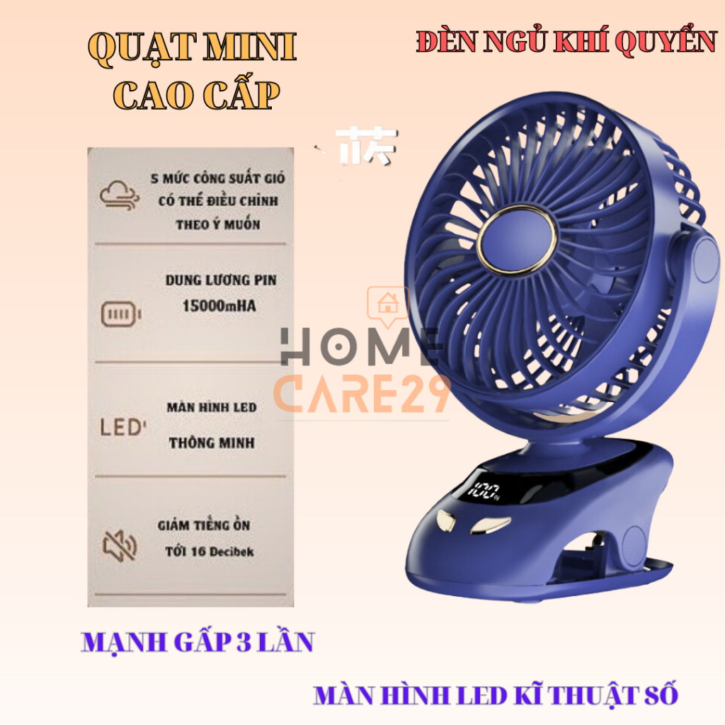 Quạt Tích Điện Để Bàn Tích Hợp Đèn Ngủ Cao Cấp, Quạt Kẹp Bàn Tích Điện Pin 15000Ah Có Màn Hình Hiển Thị Pin Mẫu 2025