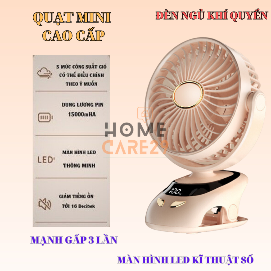 Quạt Tích Điện Để Bàn Tích Hợp Đèn Ngủ Cao Cấp, Quạt Kẹp Bàn Tích Điện Pin 15000Ah Có Màn Hình Hiển Thị Pin Mẫu 2025