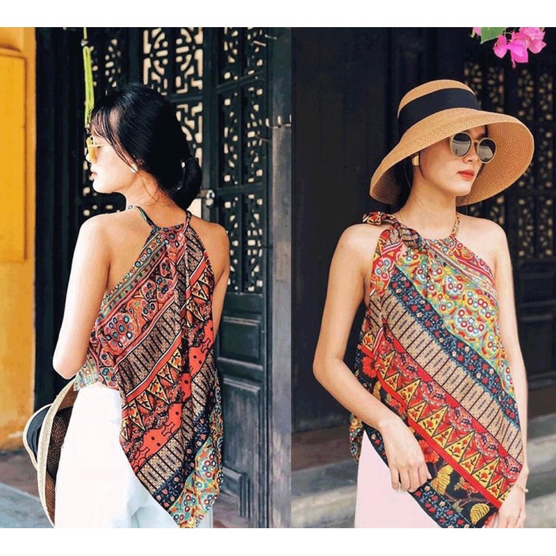 [hot trend]Áo yếm lụa mango xanh lá vạt xéo thổ cẩm phong cách boho dây cột xinh xắn | BigBuy360 - bigbuy360.vn