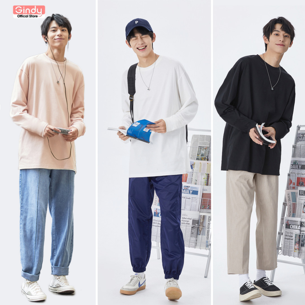 Áo thun phông Nam Nữ form rộng dài tay GINDY cổ tròn Unisex basic vải cotton 100% co dãn thời trang thu đông 2023 A033