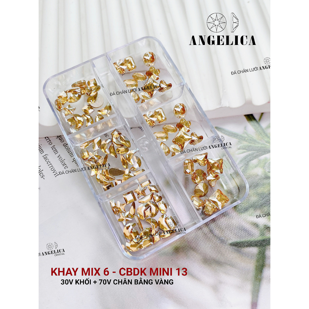 Khay 6 ô chân bằng đá khối nail chỉ size mini đá nhỏ chân vàng trang trí móng ANGELICA CBDKMN