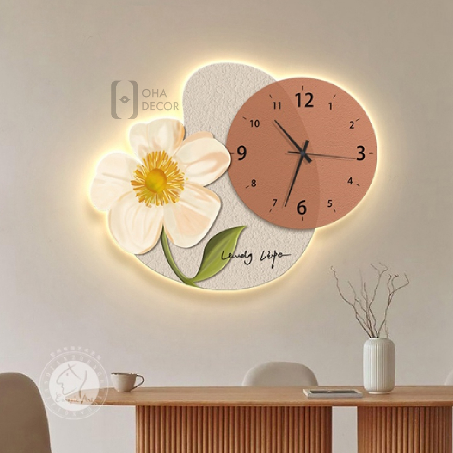 Tranh Đồng Hồ 3D Led Cắt Hoa Trang Trí Phòng Khách Quán Tiệm Shop OHA Decor