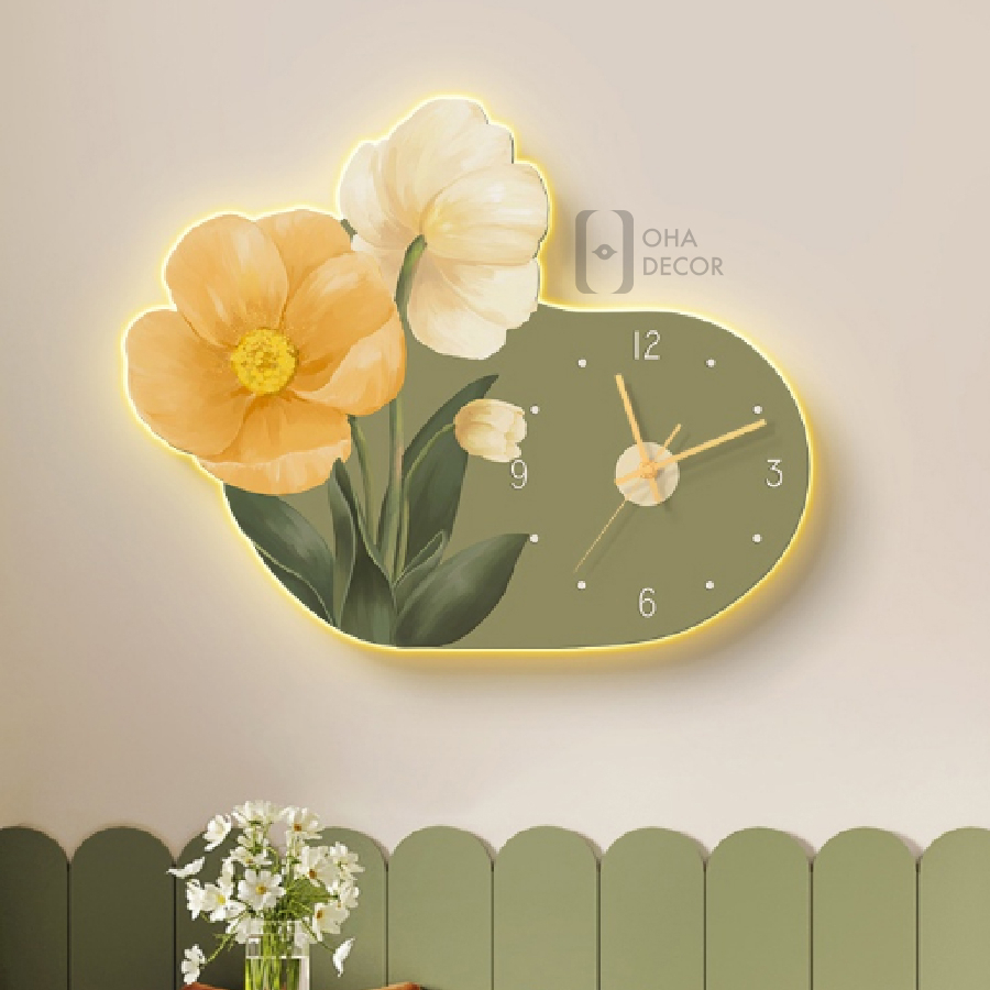Tranh Đồng Hồ 3D Led Cắt Hoa Trang Trí Phòng Khách Quán Tiệm Shop OHA Decor