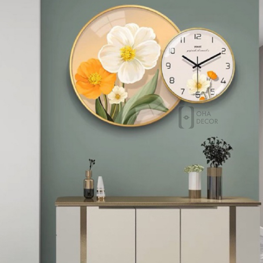 Tranh Đồng Hồ 3D Led Cắt Hoa Trang Trí Phòng Khách Quán Tiệm Shop OHA Decor