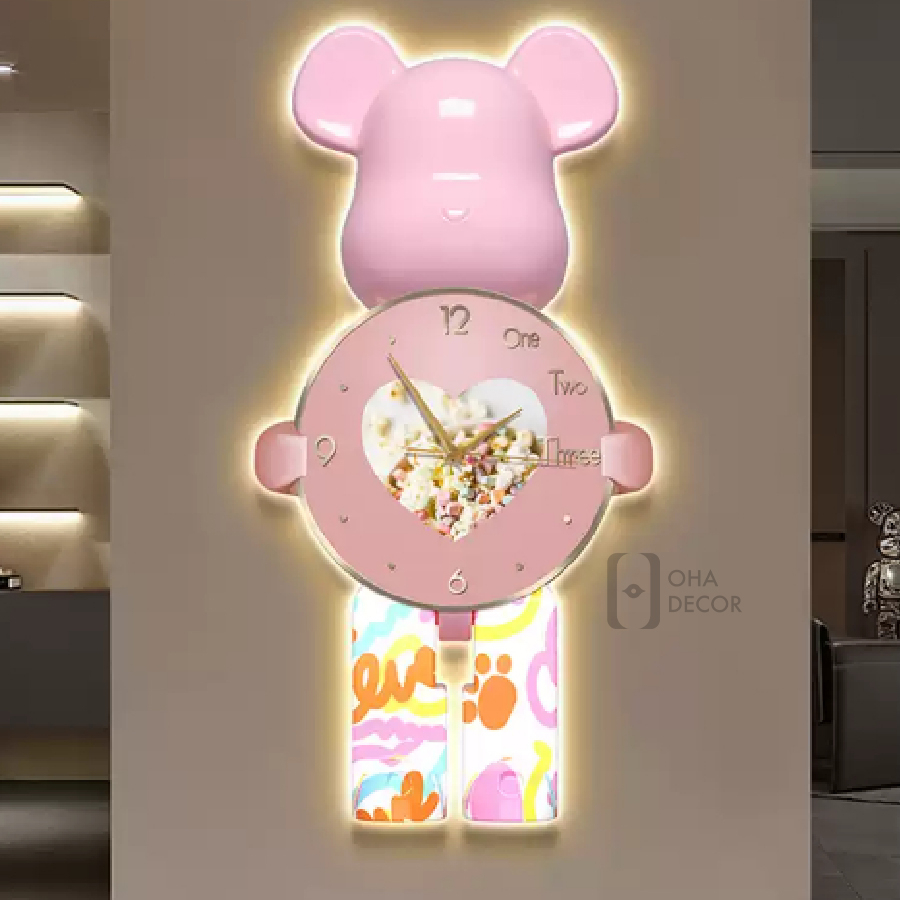 Tranh Treo Tường Đồng Hồ Đèn 3D LED Tráng Gương Cao Cấp Gấu Bearbrick