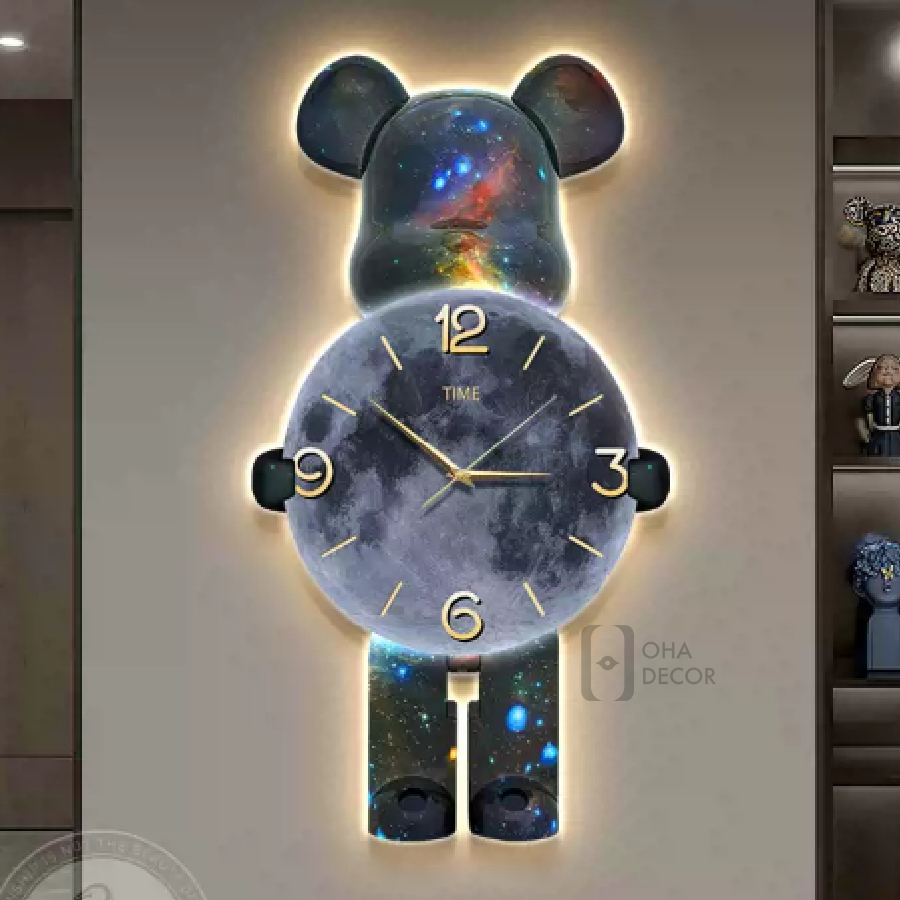 Tranh Treo Tường Đồng Hồ Đèn 3D LED Tráng Gương Cao Cấp Gấu Bearbrick