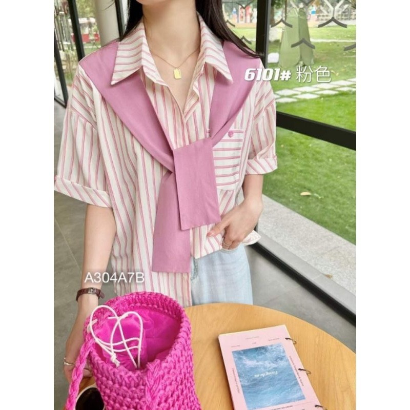 Sơ mi nữ đi biển kiểu kẻ phối khăn cộc tay, Áo sơ mi basic hàn quốc chất mềm, mát không nhăn