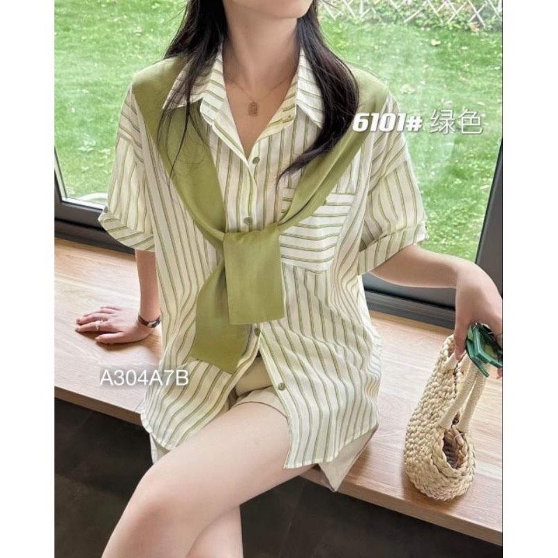 Sơ mi nữ đi biển kiểu kẻ phối khăn cộc tay, Áo sơ mi basic hàn quốc chất mềm, mát không nhăn