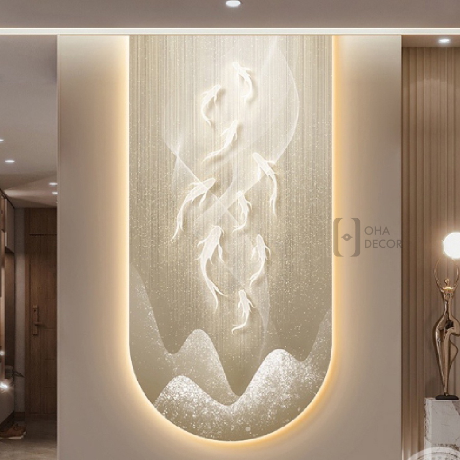 Tranh 3D LED Phong Thuỷ Cá Chép Cửu Ngư Trang Trí Phòng Khách Quán Tiệm Shop OHA Decor