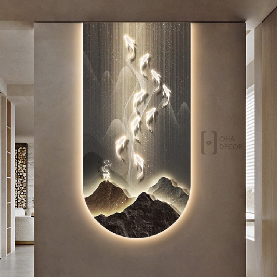 Tranh 3D LED Phong Thuỷ Cá Chép Cửu Ngư Trang Trí Phòng Khách Quán Tiệm Shop OHA Decor