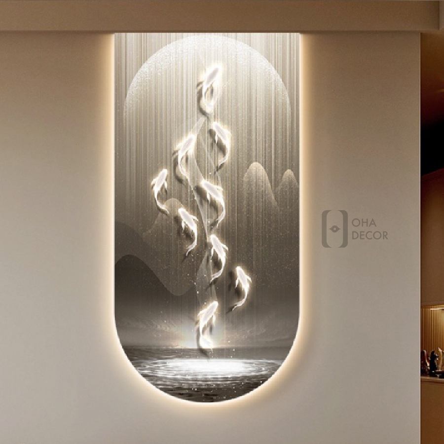 Tranh 3D LED Phong Thuỷ Cá Chép Cửu Ngư Trang Trí Phòng Khách Quán Tiệm Shop OHA Decor