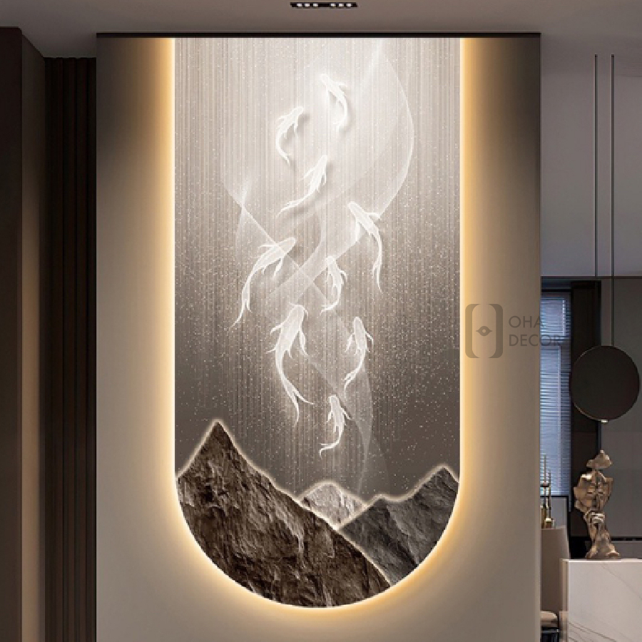 Tranh 3D LED Phong Thuỷ Cá Chép Cửu Ngư Trang Trí Phòng Khách Quán Tiệm Shop OHA Decor