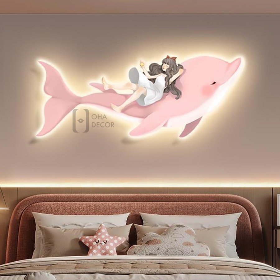 Tranh 3D LED Cắt Cô Gái Và Cá Heo Trang Trí Nhà, Quán Cà Phê Hiện Đại Xưởng Giá Rẻ
